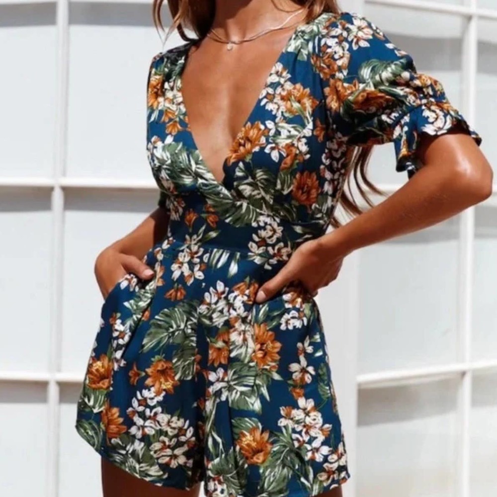 Hello Molly Hold My Mai Tai Floral Line Romper Elastic Ruffle Sleeves Size 4